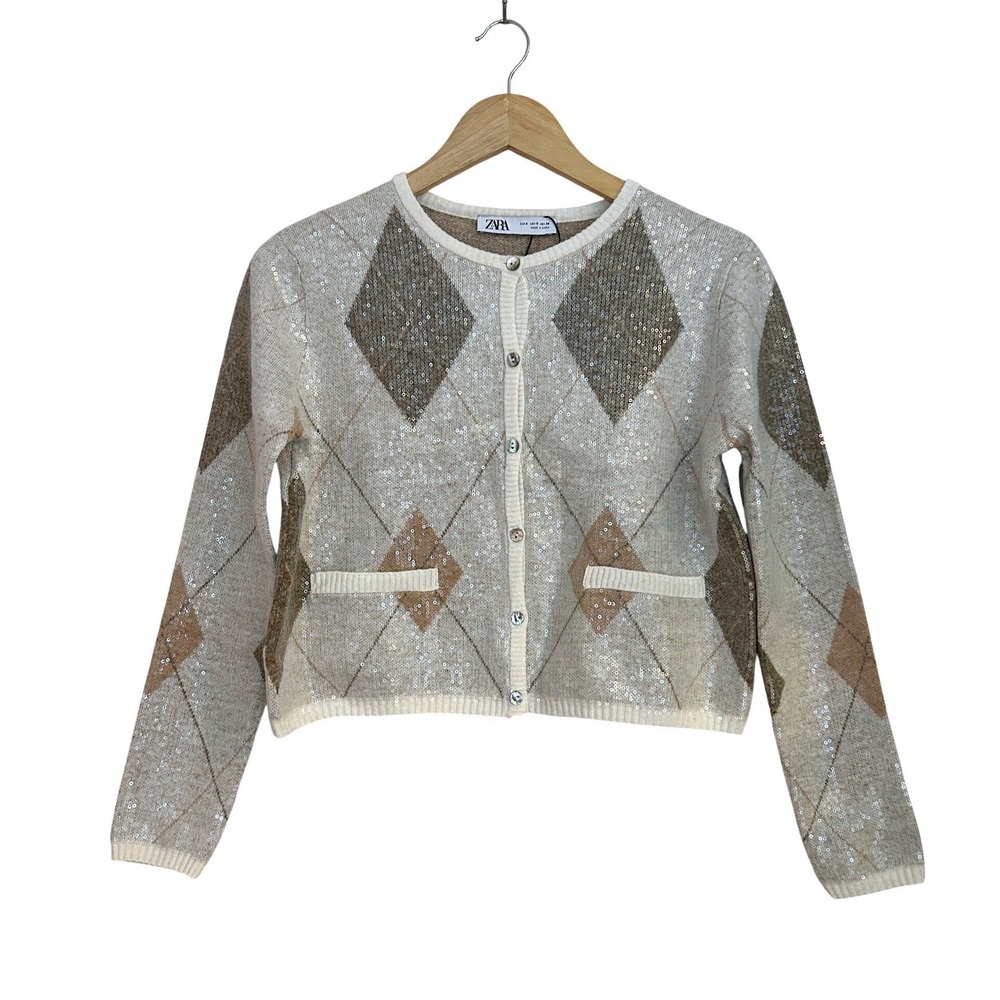 Zara Women Argyle Sequin Cropped Cardigan Sweater Tan Cream Wool Blend Small